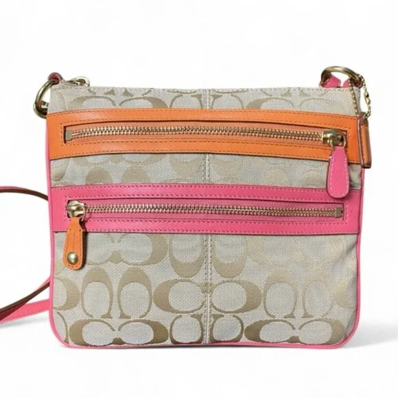 Coach Handbags - COACH Bonnie Cashin Crossbody Bag Signature Tan, Pink & Orange w/Gold Hardware